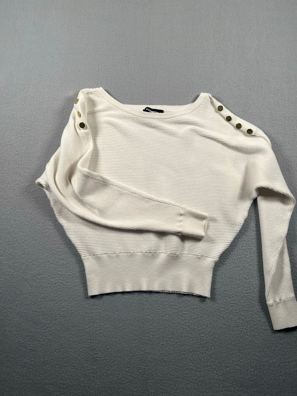 Express XS Ivory Ribbed Dolman Sweater Gold Snap Button Shoulders Long Sleeve